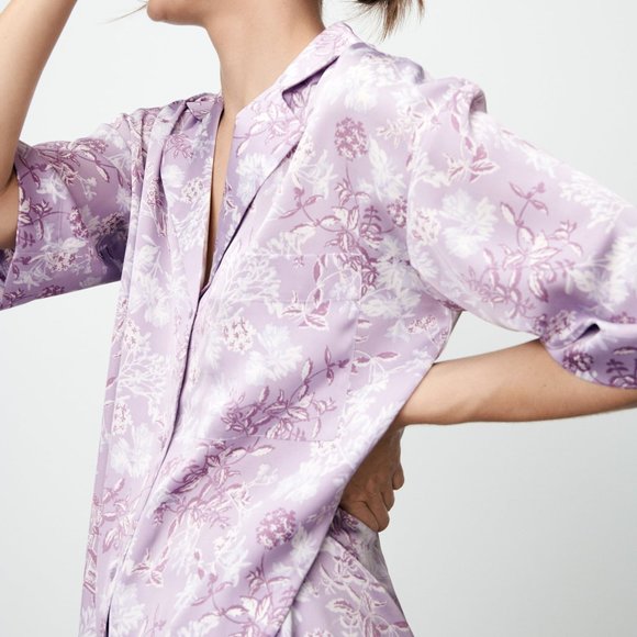 Zara Floral Lilac Pajama Style Satin Effect Shirt Top M - Picture 2 of 8